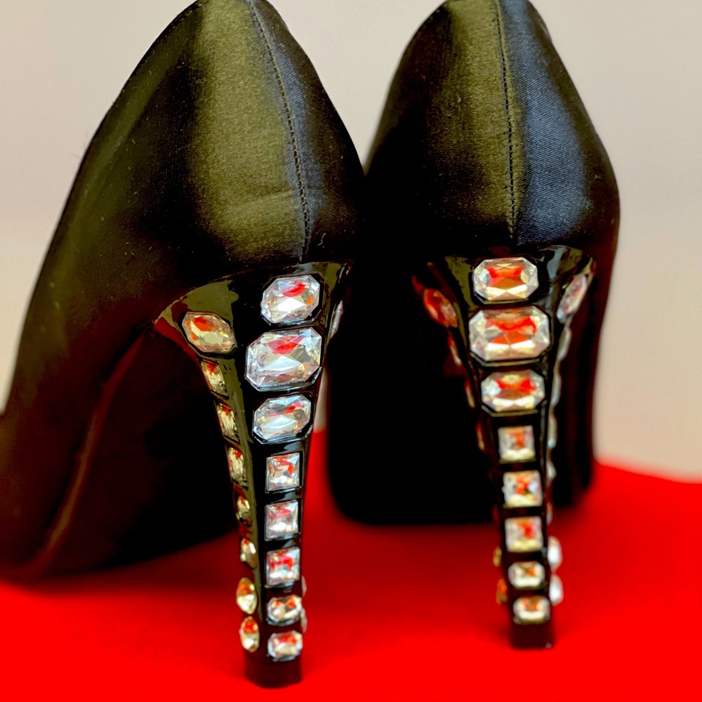 Black satin dress pump. Jewel embellished 3” heel. Peep toe. Size 8.